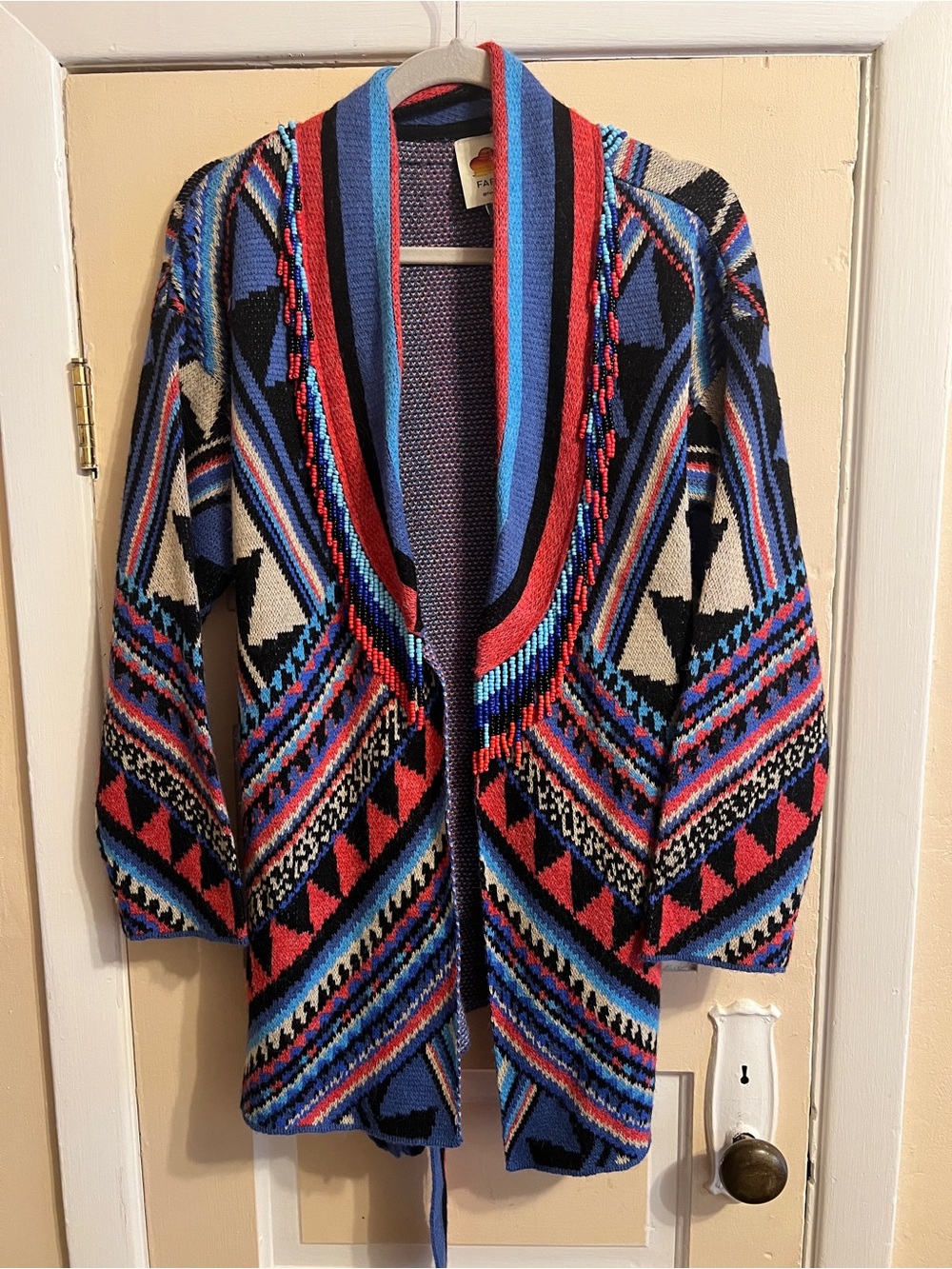 FARM Rio Geometric Open-Front Cardigan Sweater - Blue, Red, Black, Cream